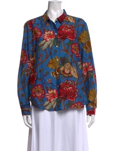 Pre-owned Sézane Floral Print Long Sleeve Button-up Top In Blue