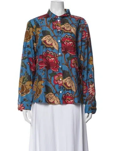 Pre-owned Sézane Floral Print Long Sleeve Button-up Top In Blue
