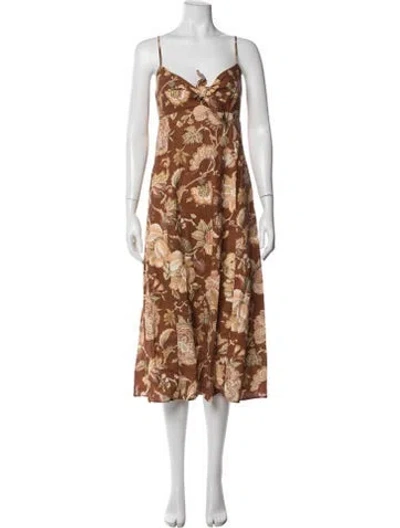 Pre-owned Sézane Floral Print Midi Length Dress In Brown