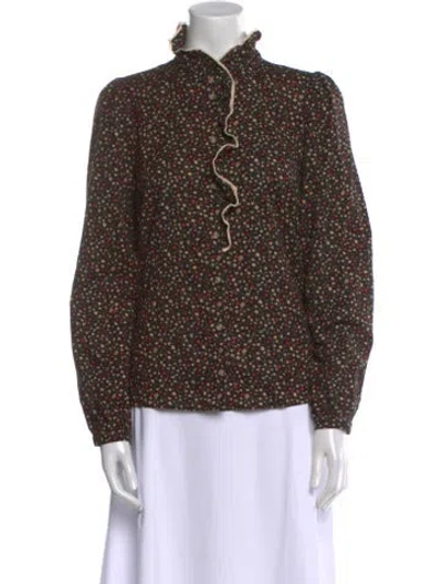 Pre-owned Sézane Floral Print Mock Neck Blouse In Black