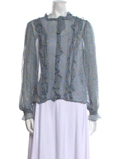 Pre-owned Sézane Floral Print Mock Neck Blouse In Blue