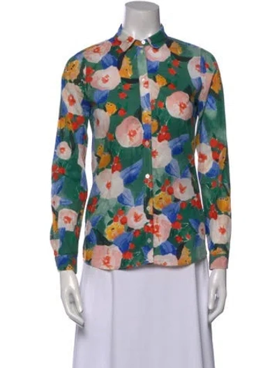 Pre-owned Sézane Floral Print Mock Neck Button-up Top In Green