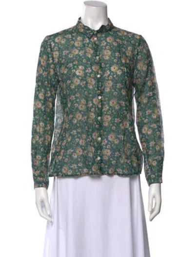 Pre-owned Sézane Floral Print Mock Neck Button-up Top In Green