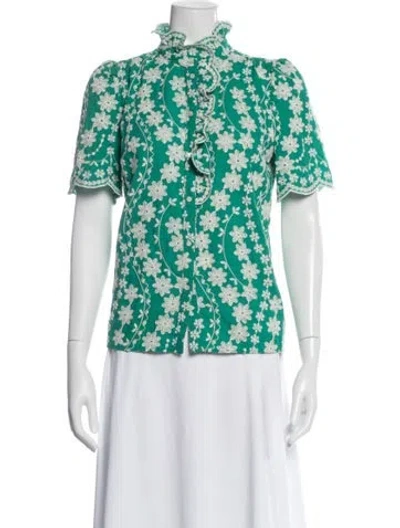 Pre-owned Sézane Floral Print Short Sleeve Blouse In Green