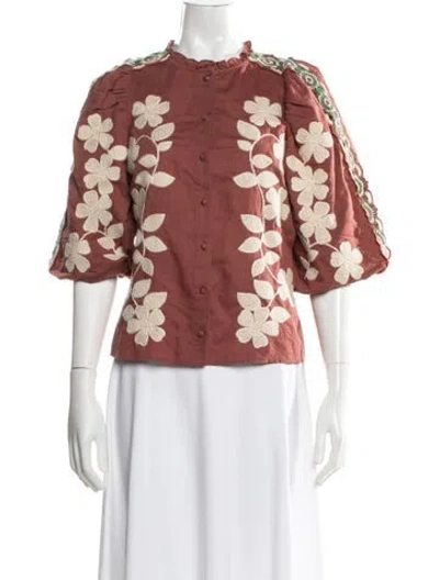 Pre-owned Sézane Floral Print Short Sleeve Blouse In Orange