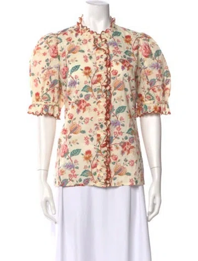 Pre-owned Sézane Floral Print Short Sleeve Blouse In Pink
