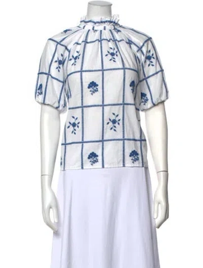 Pre-owned Sézane Floral Print Short Sleeve Blouse In White