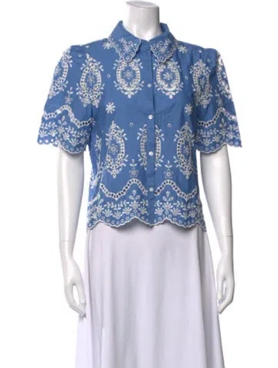 Pre-owned Sézane Floral Print Short Sleeve Button-up Top In Blue