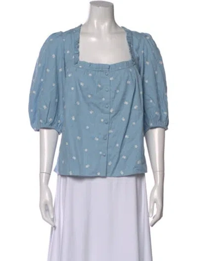Pre-owned Sézane Floral Print Square Neckline Blouse In Blue