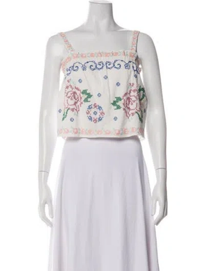 Pre-owned Sézane Floral Print Square Neckline Crop Top In White