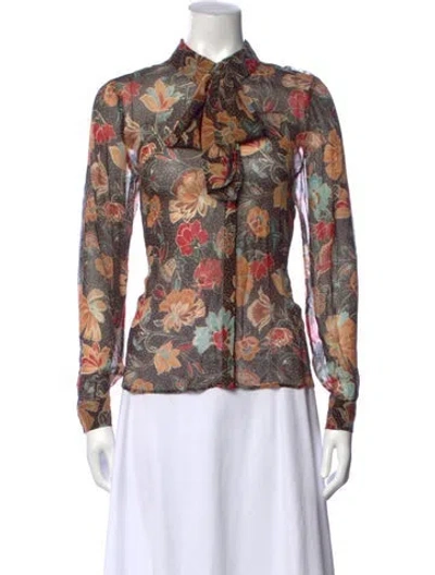 Pre-owned Sézane Floral Print Tie Neck Blouse In Brown