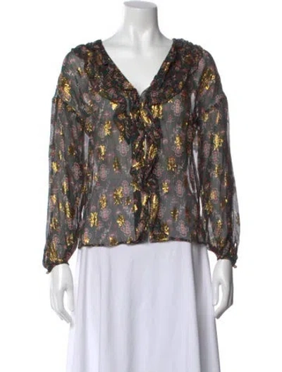 Pre-owned Sézane Floral Print V-neck Blouse In Black