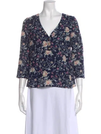 Pre-owned Sézane Floral Print V-neck Blouse In Blue