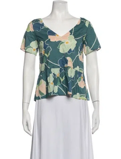 Pre-owned Sézane Floral Print V-neck Blouse In Blue/white
