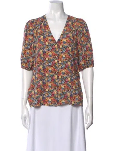 Pre-owned Sézane Floral Print V-neck Blouse In Red