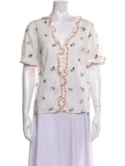 Pre-owned Sézane Floral Print V-neck Blouse In White