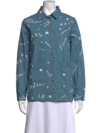 Pre-owned Sézane Graphic Print Long Sleeve Button-up Top In Blue
