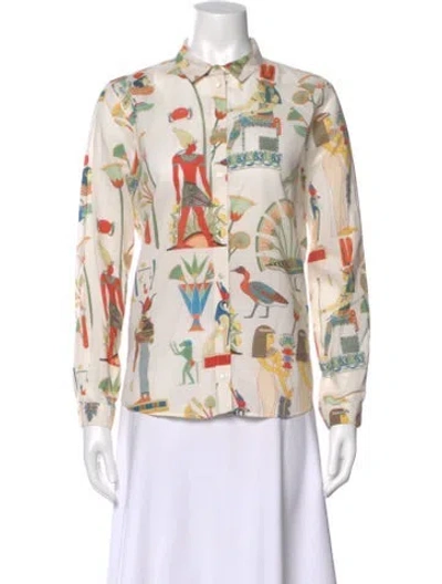 Pre-owned Sézane Graphic Print Long Sleeve Button-up Top In White