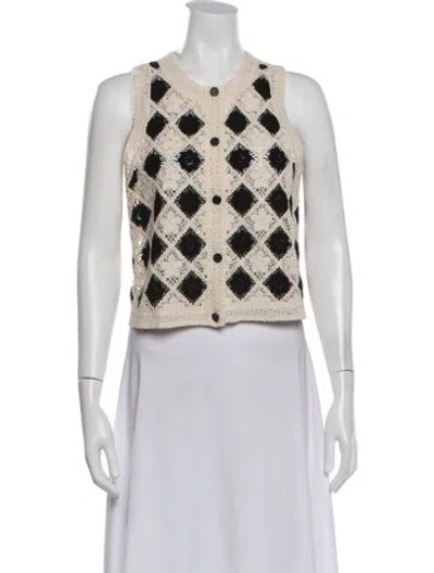 Pre-owned Sézane Houndstooth Print Crew Neck Button-up Top In Neutral
