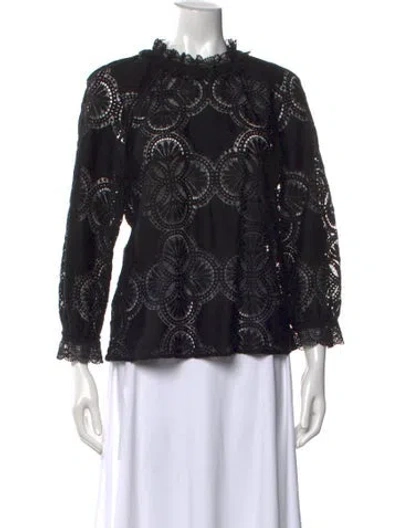 Pre-owned Sézane Lace Pattern Crew Neck Blouse In Black
