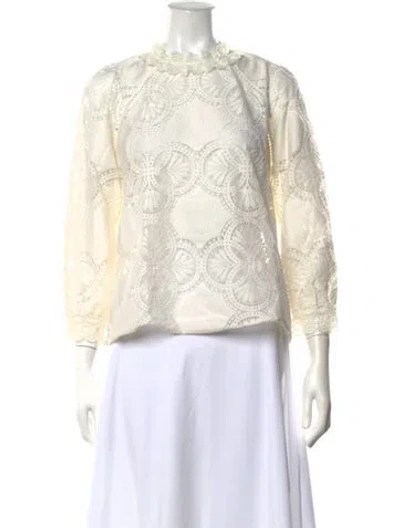 Pre-owned Sézane Lace Pattern Crew Neck Blouse In White