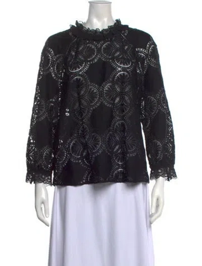 Pre-owned Sézane Lace Pattern Long Sleeve Blouse In Black