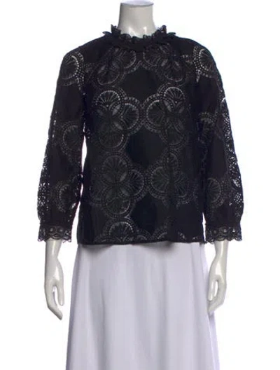 Pre-owned Sézane Lace Pattern Long Sleeve Blouse In Black