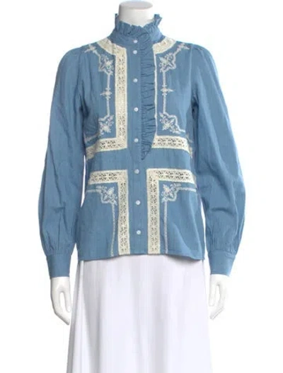 Pre-owned Sézane Lace Pattern Long Sleeve Blouse In Blue