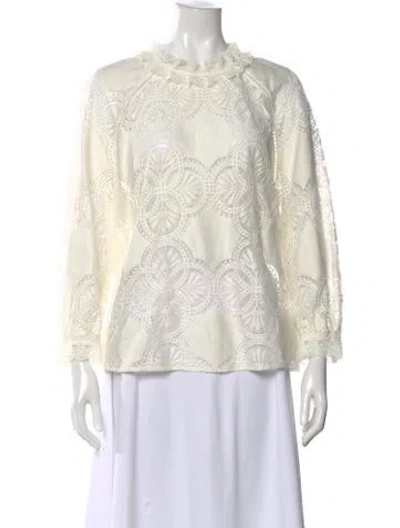 Pre-owned Sézane Lace Pattern Long Sleeve Blouse In White