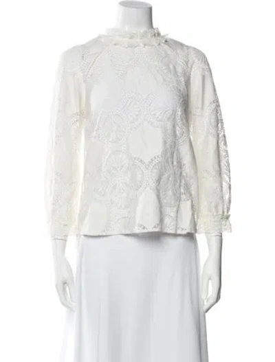 Pre-owned Sézane Lace Pattern Long Sleeve Blouse In White