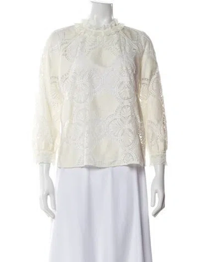 Pre-owned Sézane Lace Pattern Long Sleeve Blouse In White