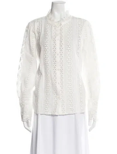 Pre-owned Sézane Lace Pattern Long Sleeve Blouse In White