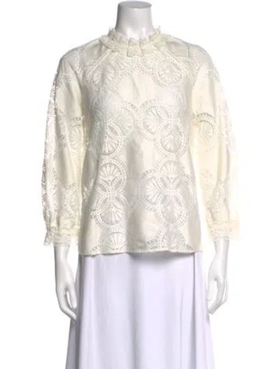 Pre-owned Sézane Lace Pattern Long Sleeve Blouse In White