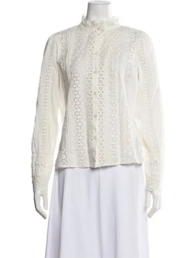 Pre-owned Sézane Lace Pattern Long Sleeve Blouse In White