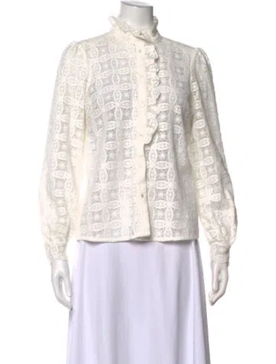 Pre-owned Sézane Lace Pattern Long Sleeve Blouse In White