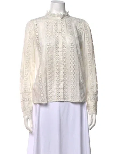 Pre-owned Sézane Lace Pattern Long Sleeve Blouse In White