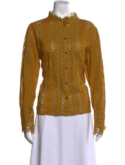 Pre-owned Sézane Lace Pattern Long Sleeve Blouse In Yellow