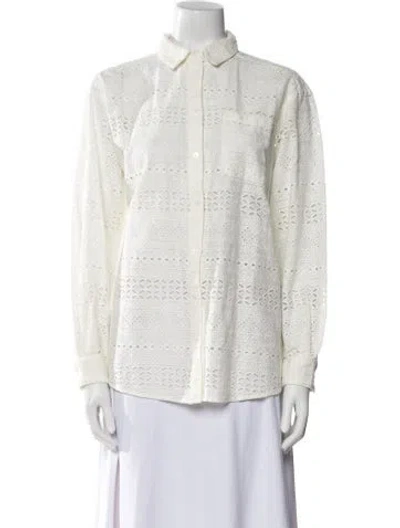 Pre-owned Sézane Lace Pattern Long Sleeve Button-up Top In White