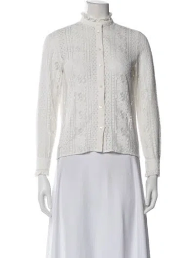 Pre-owned Sézane Lace Pattern Long Sleeve Button-up Top In White