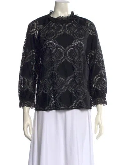 Pre-owned Sézane Lace Pattern Mock Neck Blouse In Black