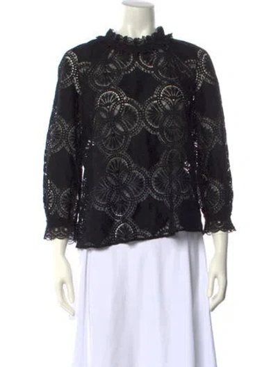 Pre-owned Sézane Lace Pattern Mock Neck Blouse In Black