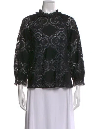 Pre-owned Sézane Lace Pattern Mock Neck Blouse In Black