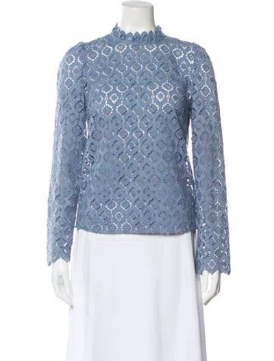 Pre-owned Sézane Lace Pattern Mock Neck Blouse In Blue