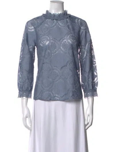 Pre-owned Sézane Lace Pattern Mock Neck Blouse In Blue