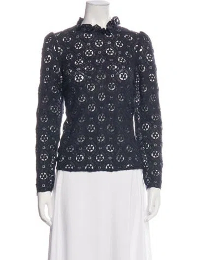 Pre-owned Sézane Lace Pattern Mock Neck Blouse In Blue