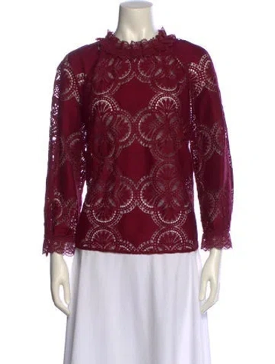 Pre-owned Sézane Lace Pattern Mock Neck Blouse In Burgundy