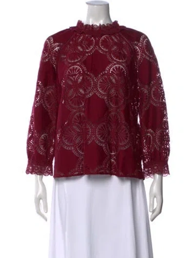 Pre-owned Sézane Lace Pattern Mock Neck Blouse In Burgundy
