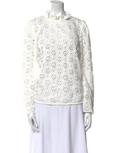Pre-owned Sézane Lace Pattern Mock Neck Blouse In White