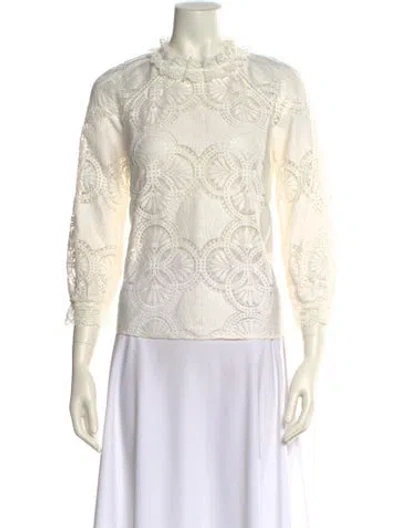 Pre-owned Sézane Lace Pattern Mock Neck Blouse In White