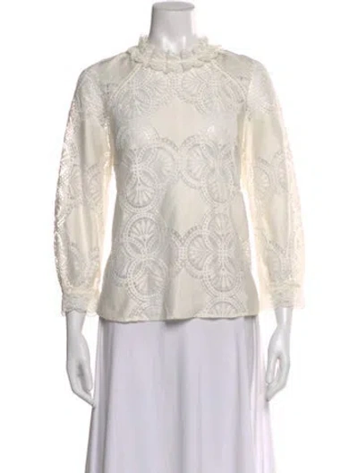 Pre-owned Sézane Lace Pattern Mock Neck Blouse In White